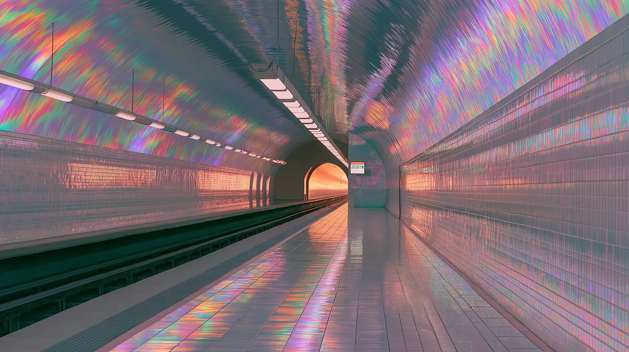 An empty underground platform under an iridescent, oil-slick ceiling, with warm light at the end of the tunnel.